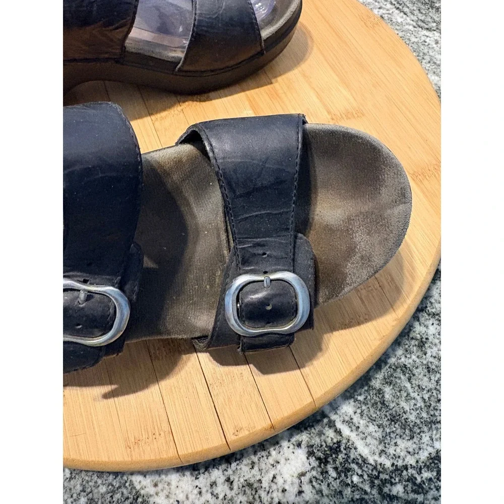 Dansko Women Black Leather Double Buckle Slide Wedge Sandals Size 40